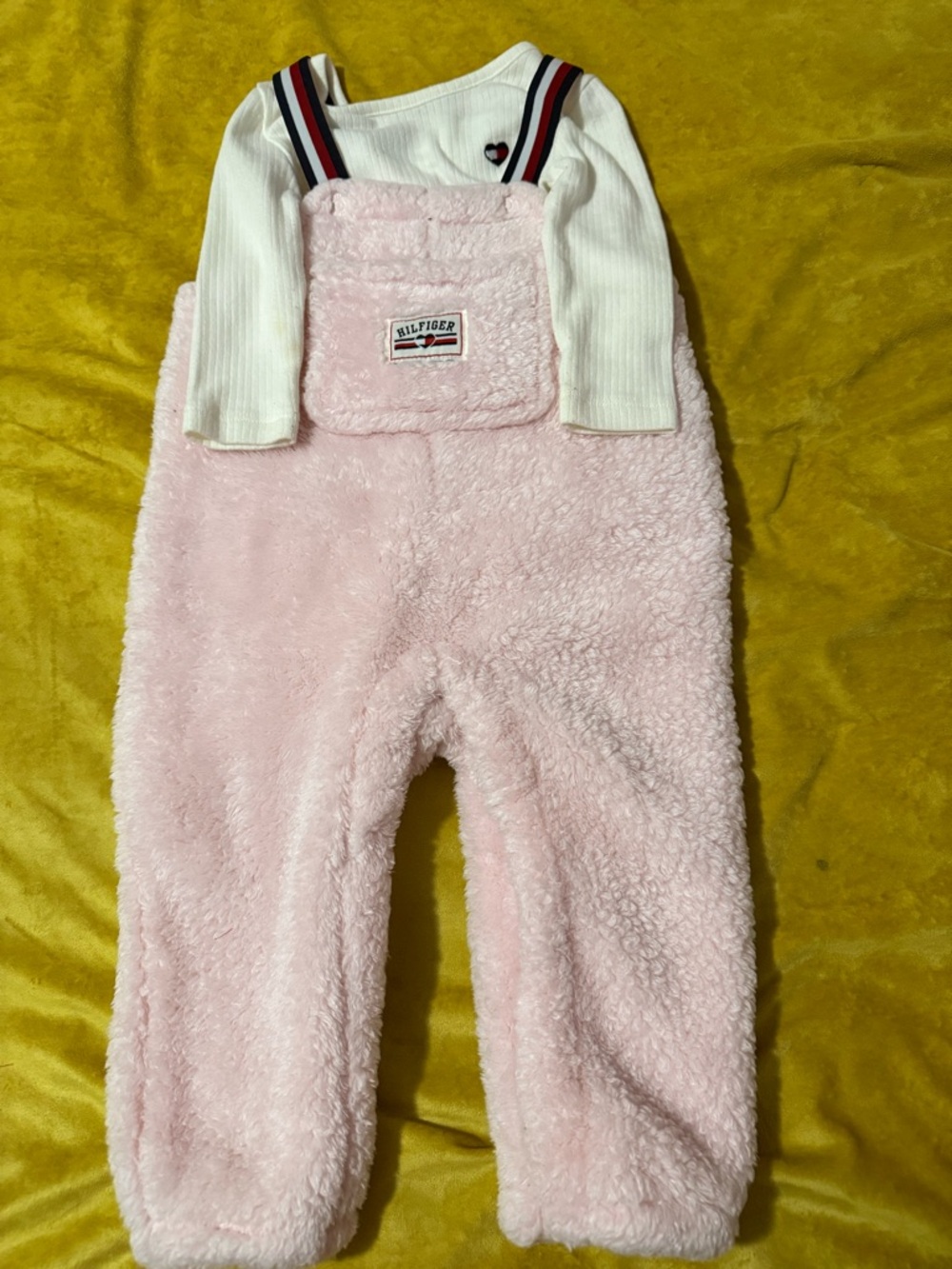 Tommy Hilfiger Light Pink Sherpa Overalls with Stripe Straps